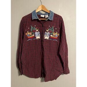 Bobbie Brooks Shirt Womens 18W 20W Red Plaid Snowman Christmas Denim Collar 90s